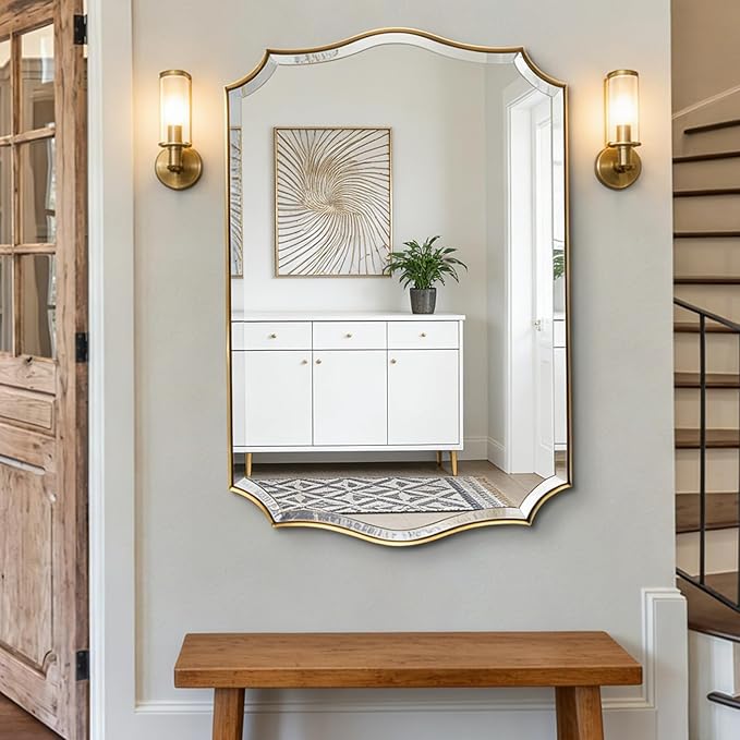 POZINO Brushed Gold Beveled Mirror, 24"x40" Scalloped Vanity Mirrors for Over Sink, Modern Irregular Wavy Bathroom Mirrors, Brass Rectangle Wall Mirror for Living Room Bedroom Fireplace Entryway