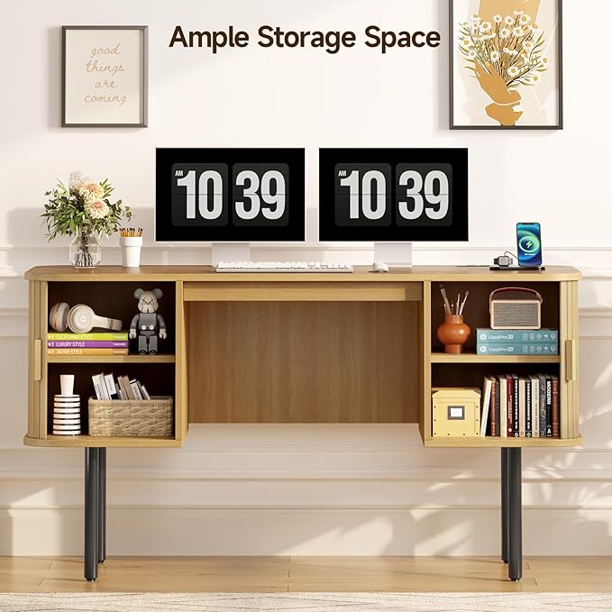 ONBRILL 55 Inch Fluted Computer Desk with Charging Station, Mid Century Executive Desk with 2 Storage Cabinets, Modern Home Office Large Desk with Metal Legs for Working, Studying, Writing Oak