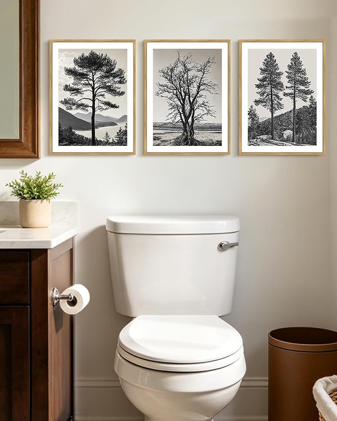 KUVIOKE Vintage Tree Framed Canvas Wall Art Black and White Retro Antique Forest Drawings Nature Wilderness Sketch Wall Painting Modern Decor 12x16in (Natural Framed)