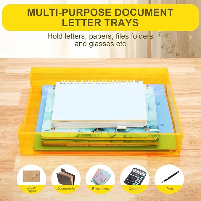 Paper Tray Acrylic File Organizer for Desk Letter Tray Desk Organizer Document Holder Sorter Storage for A4 Office Supplies Magazines, 13.8x10.6x2.4 Inches, Neon Yellow