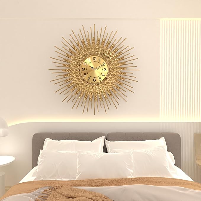 Large Mid Century Gold Wall Clock Decorative Modern Sunburst Wall Clocks, Metal Big Silent Non-Ticking Clock, Luxury Home Gift Decor for Living Room, Bedroom, Dining Room, 28 inch