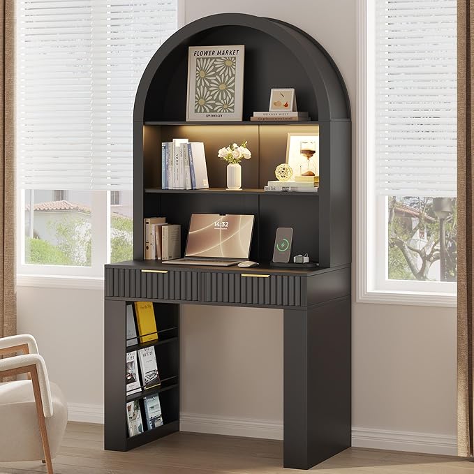 Arched Writing Desk with Hutch, Home Office Desk with 2 Drawers, Secretary Desk with Outlets, 3 Color LED Lights, Open Shelves, Computer Desk for Small Space, Bedroom 35.4" W x 70.8" H (Black)