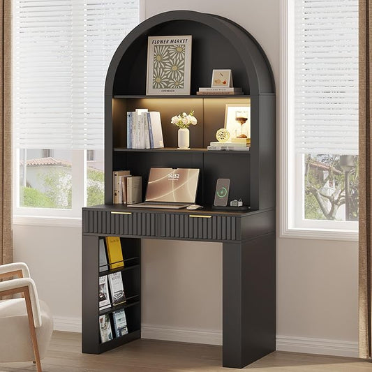 Arched Writing Desk with Hutch, Home Office Desk with 2 Drawers, Secretary Desk with Outlets, 3 Color LED Lights, Open Shelves, Computer Desk for Small Space, Bedroom 35.4" W x 70.8" H (Black)