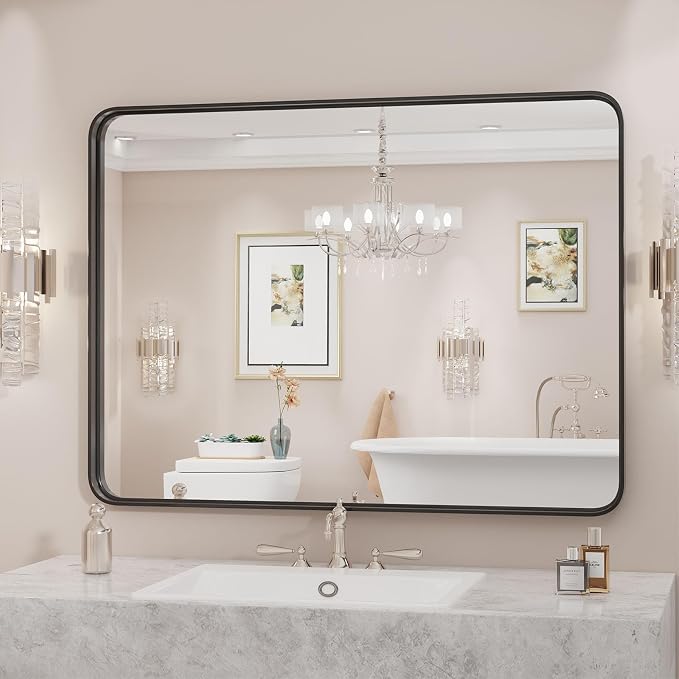 30"x 40" Black Bathroom Mirror for Sink, Rectangle Vanity Mirror for Wall, Over Sink, Farmhouse, Restroom, Anti-Rust, Modern Decorative, Horizontal or Vertical Hanging