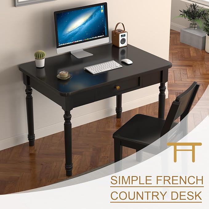 Solid Wood French Country Desk,Writing Desk with Storage Drawers,Farmhouse Computer Table Makeup Table Modern Simple Style,for Home Office Living Room Study Workspace Bedroom (Black, 31.5IN)