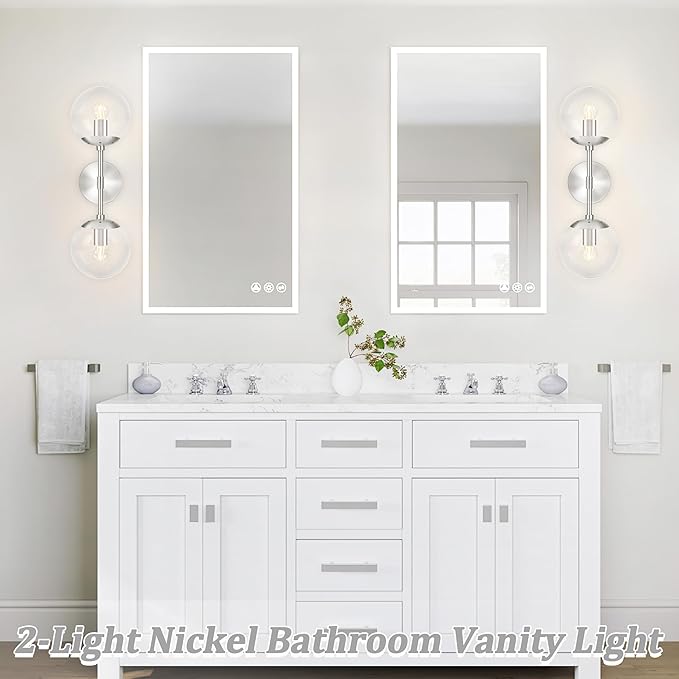 KoKo&Yukina Nickel 2 Pack Vanity Light Fixtures Mid Century Modern Bathroom Vanity Light Globe Sconce with Clear Glass for Bathroom Bedroom
