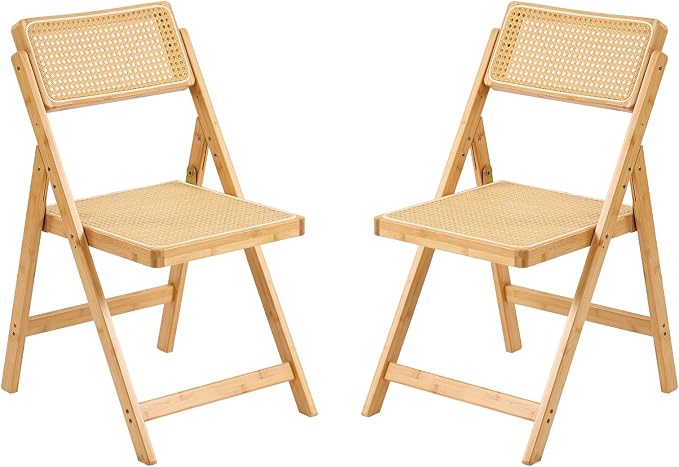 Furlide Rattan Folding Chairs, Modern Mid Century Dining Chairs Set of 2, Outdoor Bamboo Chair for Bedroom Living Room Reading Room Dining Kitchen, Wood