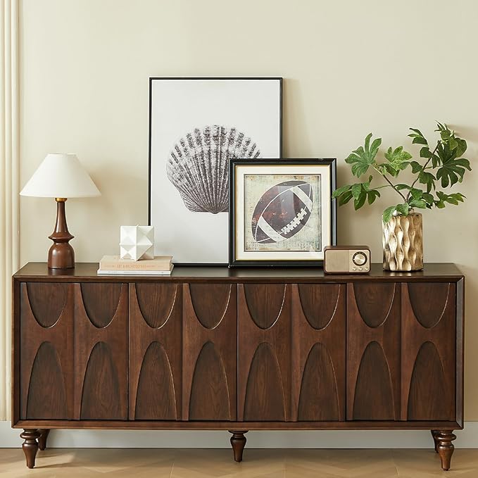 LKTART 62.99" Sideboard Buffet Cabinet with Storage, Solid Wood Kitchen Storage Cabinet Credenza Accent Console Table with Solid Wood Roman Legs Dovetail Door Trim Panel Ash Veneer,Walnut