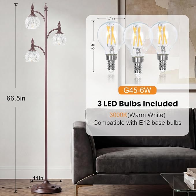 JUNNAI Brown Floor Lamps 66.5in Vintage Standing Lamp with Glass Shade 3 Way Brightness Lights Mid Century Modern Pole Lights Corner Lamp for Living Room Bedroom Office(Bulbs Included)