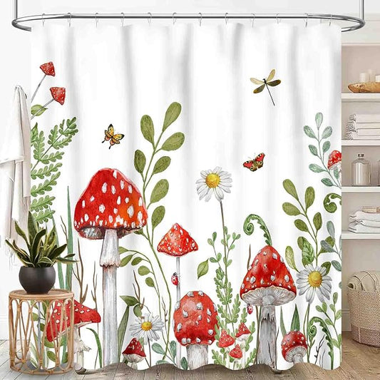 Mushroom Shower Curtain, Rustic Sage Green Botanical Vintage Mushroom Wildflower Forest Plants Herbs Farmhouse Country Waterproof Fabric Bathroom Shower Curtain Set with Hooks, 72"x78" Inch
