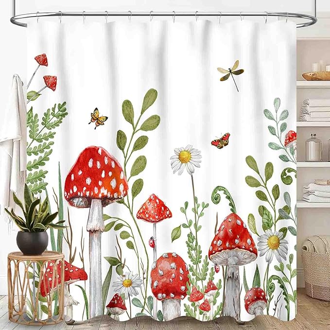 Mushroom Shower Curtain, Rustic Sage Green Botanical Vintage Mushroom Wildflower Forest Plants Herbs Farmhouse Country Waterproof Fabric Bathroom Shower Curtain Set with Hooks, 72"x78" Inch