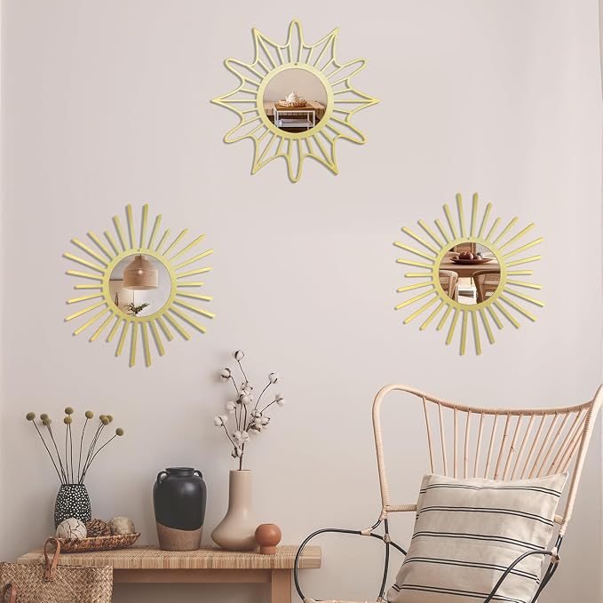 OYEFLY Sunburst Mirrors for Wall Decor 3 Pack Sun Mirror Wall Art Living Room Bedroom Entryway Boho Metal 12 Inch Gold
