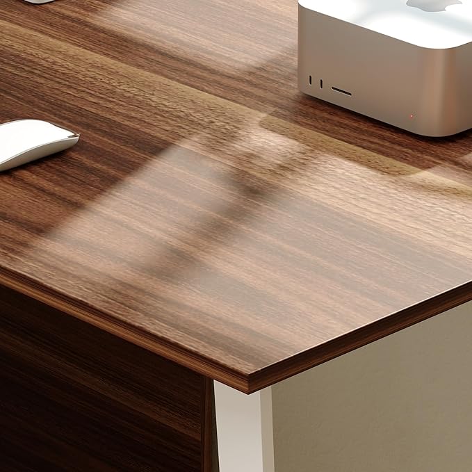 Homsee Home Office Computer Desk Corner Desk with 3 Drawers, 2 Shelves & 2 Doors, 55 Inch Large L-Shaped Study Writing Table with Storage Cabinet, White & Brown (54.3”L x 40.9”W x 29.1”H)