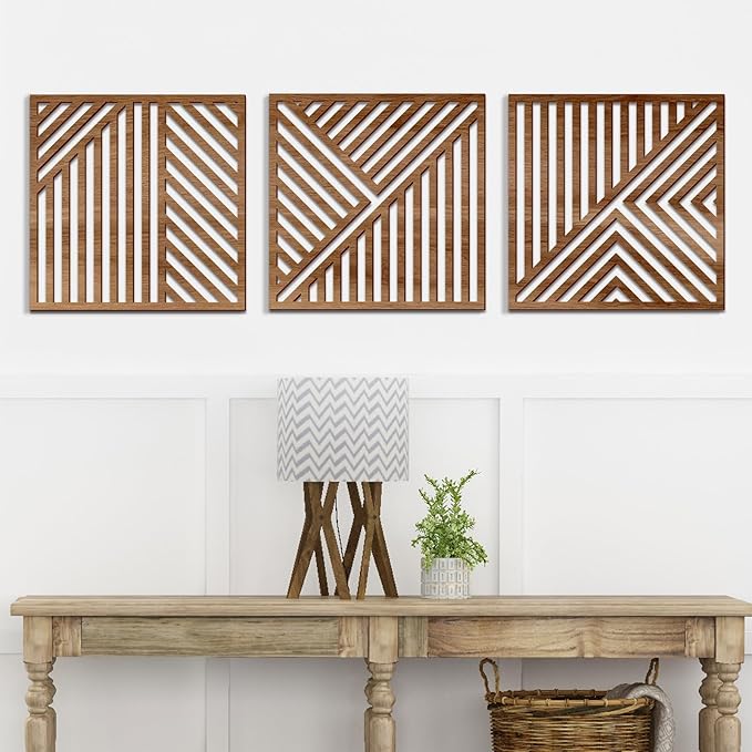 Bnesi 3 Piece Abstract Geometric Wood Wall Art Decor Modern Boho Minimalist Slatted Design Wall Sculpture Art Decor for Living Room Bedroom Home Bathroom (Classic, Medium)
