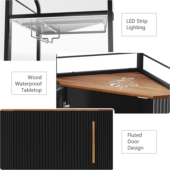 ARTPOWER Corner Bar Cabinet with LED Strip, 4-Tiers Modern Corner Coffee Bar with Glass Holder, Fluted Tall Liquor Cabinet for Kitchen, Dining Room, Living Room, Black