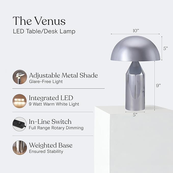 Brightech Venus 14" Globe Table Lamp – Modern Mid-Century Lamp with Golden Metal Shade – Nightstand, Bedside, Desk & Accent Table Lighting for Bedroom, Living Room & Office Décor - Chrome/Silver