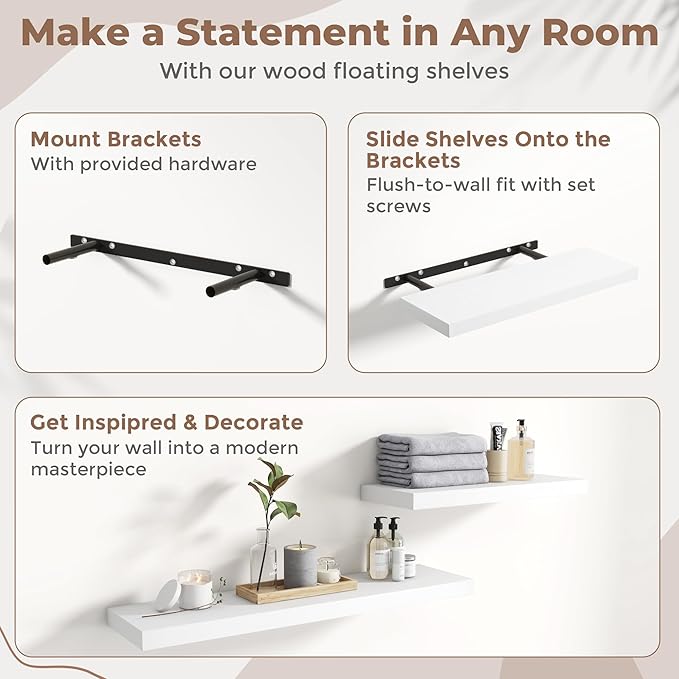 16 Inch Floating Shelves for Wall Set of 2, 8"D Wood Grain Bathroom Shelves with Invisible Brackets, Easy Install Engineered Wood Storage Shelves for Kitchen, Living Room, Bedroom, White Finish