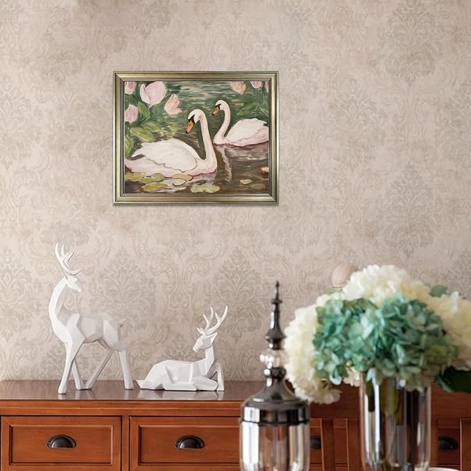 Vintage Framed Swan Decor Wall Art Pink and Green Girls Room Decor Girly Office Canvas Print Painting