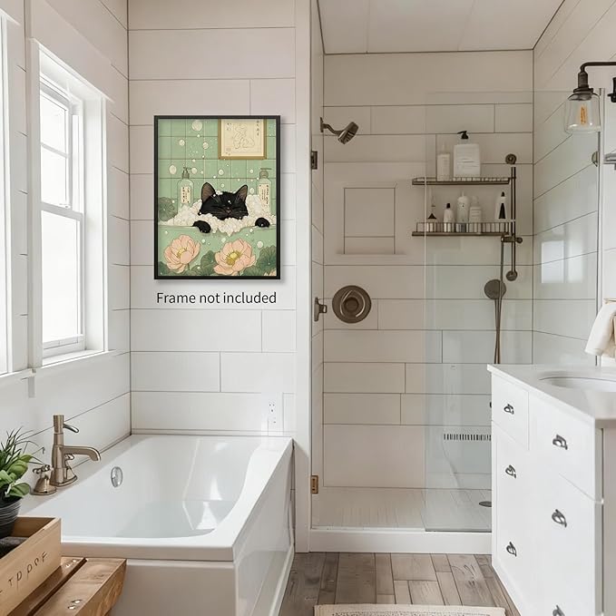 EOLRCIG Black Cat in Bathtub Poster Vintage Japanese Bathroom Wall Art Funny Cute Animal Canvas Prints for Bedroom Restroom Toilet Wall Decor 16X24 inch Unframed