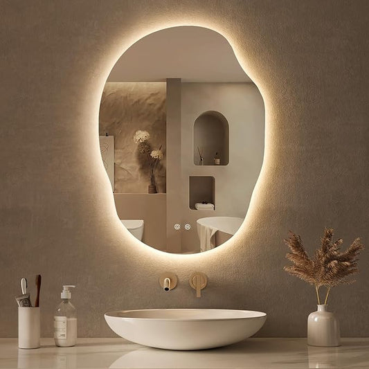 LOVESPEJO Irregular Backlit Mirror Bathroom 25x35 Inch, Asymmetrical LED Bathroom Mirror with Lights, Fogless, Dimmable, 3 Color Changing, Horizontal/Vertical
