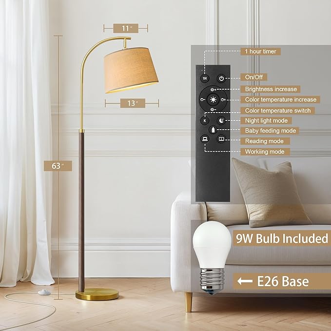 63" Wood Floor Lamp for Living Room Dimmable Standing Lamp with Remote & Foot Switch, 3 Color Temperatures Tall Lamp Mid Century Modern Floor Lamp for Bedroom Office, 9W Bulb Included, Walnut Brown