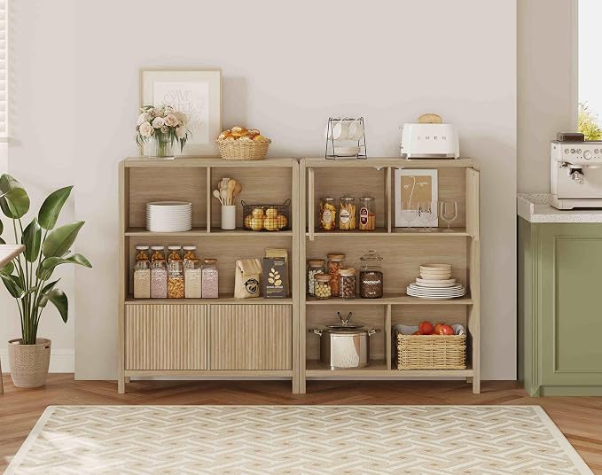 FATORRI Cube Bookshelf with 2 Doors, Wood Bookcase with Storage, Modern 5 Cubby Book Shelf for Home Office Living Room (Light Walnut)