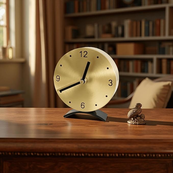 Solid Brass Small Gold Table Clock - Silent Non-Ticking, Battery Operated for Living Room Mantel, Desk or Shelf Decor