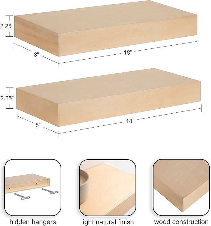 Kate and Laurel Havlock Modern Natural Floating Shelves; Set of 2; 18 x 8; Natural Wood; Mid-Century Bathroom and Kitchen Shelves for Storage and Display Decor