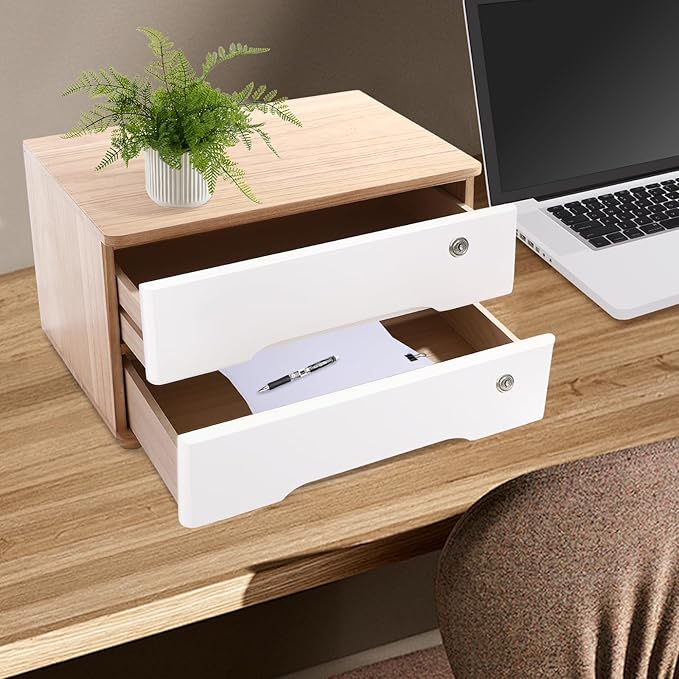 Desktop File Organizer with Lock, 2/3/4 Tier Multi-Drawer Wooden Storage Cabinet, Office Supply Organizer for Home Desk, Study & Workplace (Natural + White, 2 Layers)