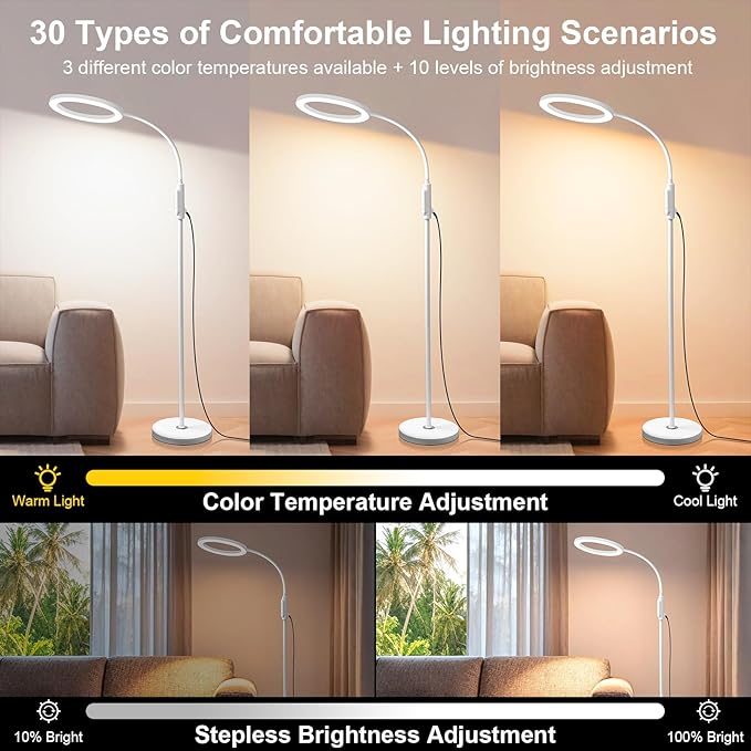 Supe Bright 24W Dimmable LED Floor Lamp with Remote Touch Control Adjustable Gooseneck Standing Light for Reading Makeup Tattoo Lash Extensions White Modern Smart Tall Lamp Living Room Bedroom Office