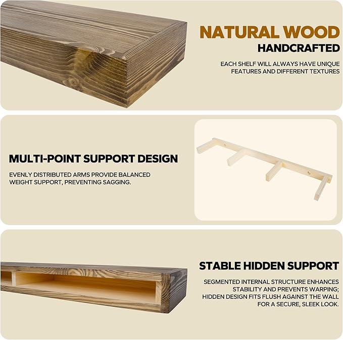 Floating Shelves 3 inch Thick for Wall Set of 2,Solid Pine Wood Wall Mount Shelf for Kitchen Living Room Bedroom Bathroom,8" D x 30" L x 3" H-Black Walnut