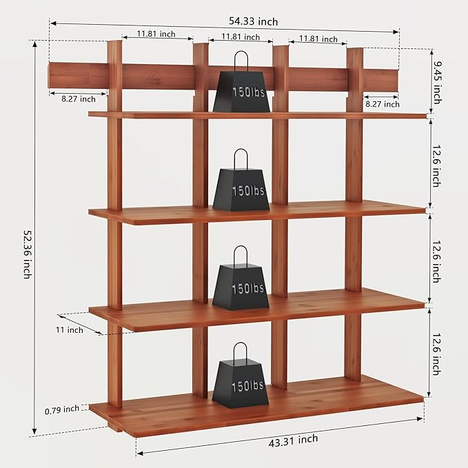 4-Tier Wall Mounted Bamboo Bookshelf, 43×52 Inch Large Floating Shelves with 600lbs Capacity, Rustic Farmhouse Heavy Duty Hanging Wall Shelf for Living Room, Coffee Bar, Book Storage, Kitchen, Brown