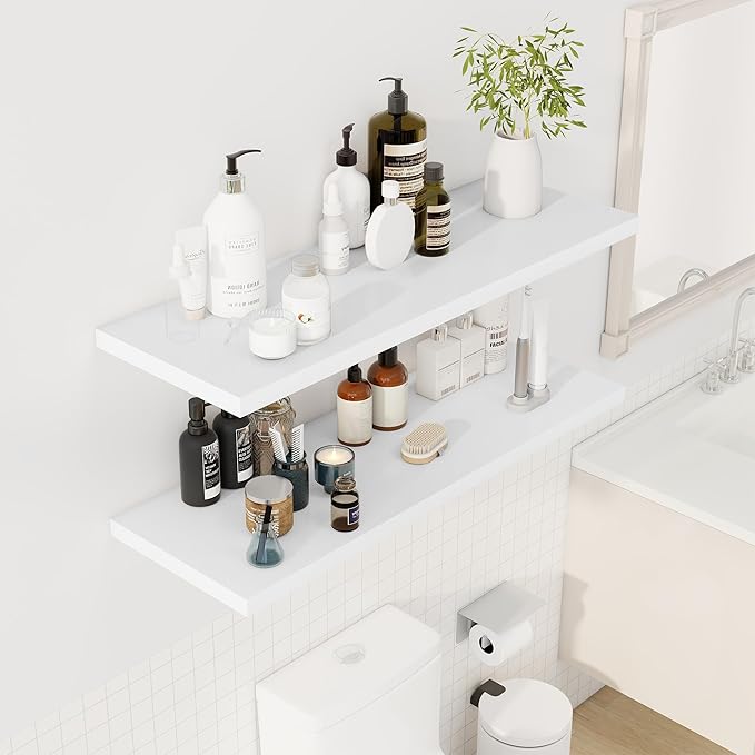 Dreamland 40" Floating Shelves for Wall, 12" Deep Slim White Floating Shelves, Wall-Mounted Shelves for Bedroom, Living Room, Kitchen, Bathroom - Set of 2
