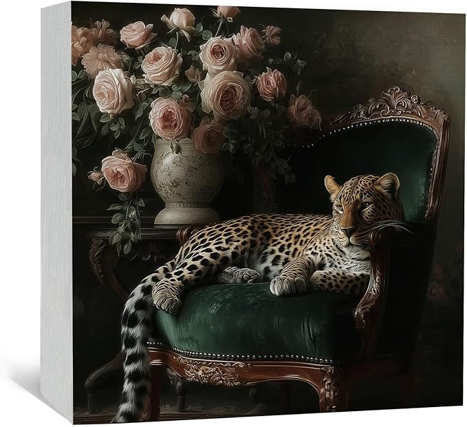 Leopard Room Decor Signs, Leopard Gifts for Women, Luxury Dark Academia Classic Maximalist Cheetah Floral Wooden Box Sign for Girls Room Bedroom Apartment Desk Table Shelf 5x5 Inch