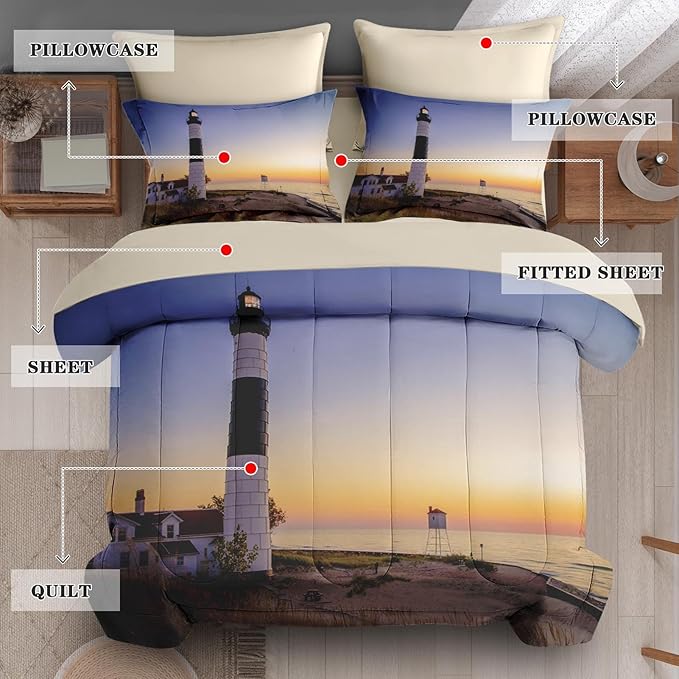 5Pcs Comforter Set Twin Size, Coastal Lighthouse Michigan Beach Lake, Bed Decor Sea Ocean House Sunset Seascape Bedroom Bedding Set Flat Sheet Fitted Sheet Pillowcases for Kids and Adults
