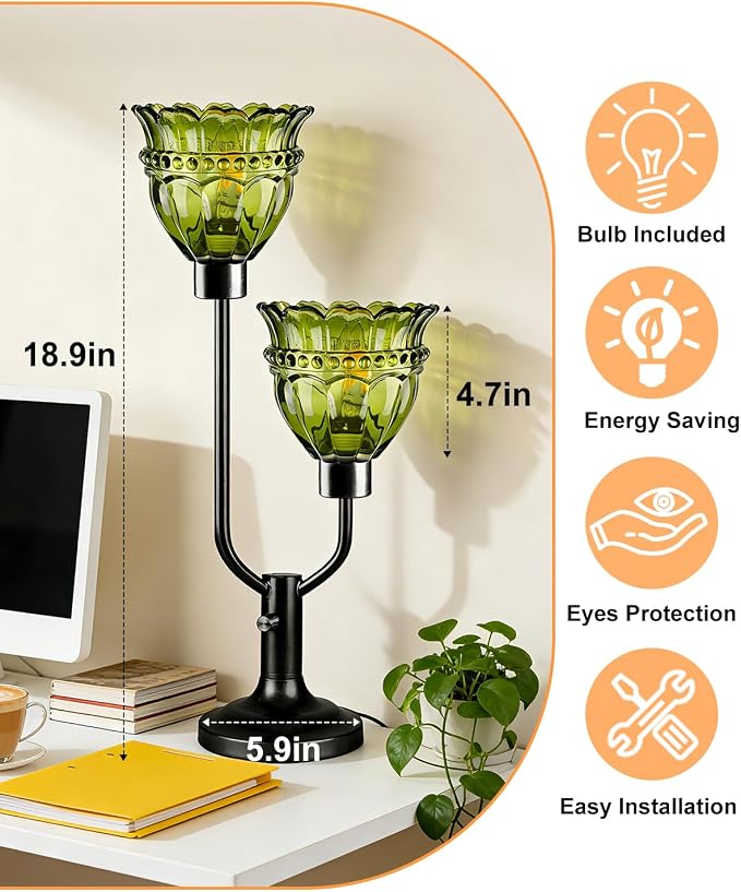 Lightdot Vintage Table Lamp for Bedroom Dimmable Mid Century Modern Black Desk Lamp Green Glass Nightstand Lamp 2 Bulbs Included Warmwhite Ambient Bedside Lamps for Living Room Home Office Decor Gift