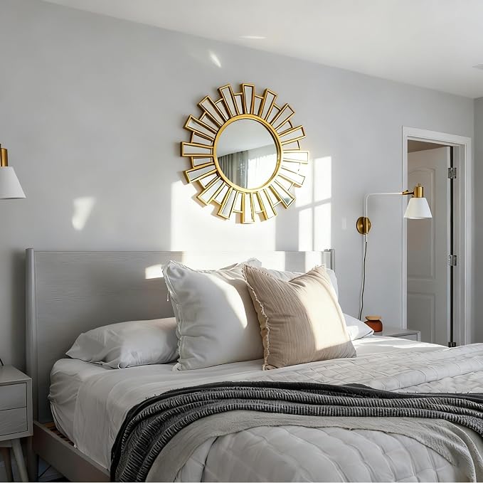 Gold Sunburst Mirrors for Wall Decor,24" Large Sun Mirror,Starburst Mirror for Living Room, Fireplace,Bedroom, Entryway