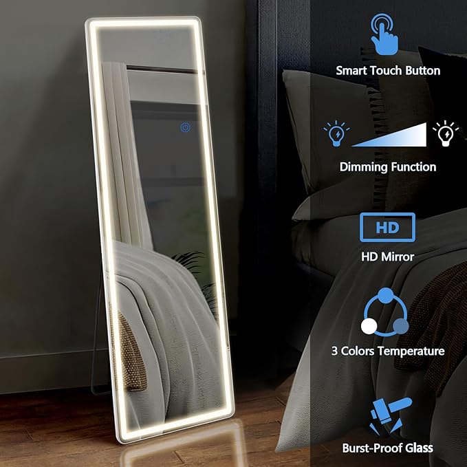 OLIXIS 21"x 64" LED Full Length Mirror with Lights, Standing Lighted Floor Full Body Mirror with 3 Color Lighting, Wall Mounted Mirrors for Bedroom, Bathroom, Entryway with Tempered Glass