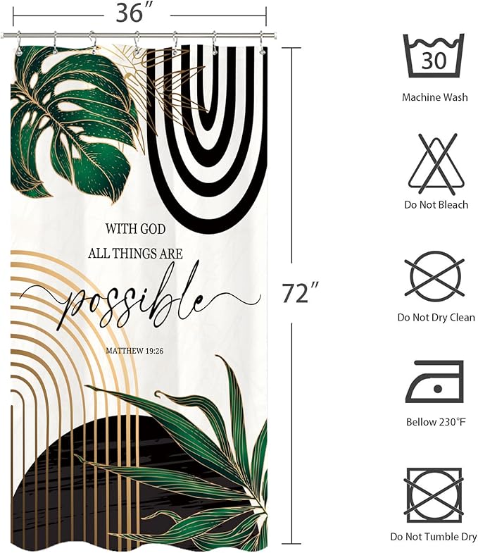 Miyotaa Stall Abstract Shower Curtain Set 36Wx71H Inches Modern Half Small Minimalist Aesthetic Bible Quotes Inspirational Contemporary Plant Leaves Tiny Bathroom Curtain with 12 Hooks