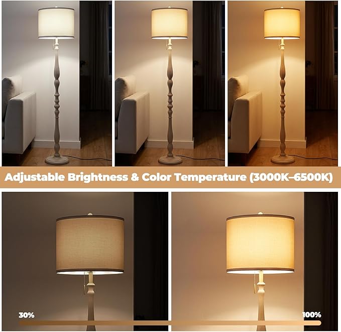Wood Floor Lamp for Living Room,Farmhouse Standing Lamp with Remote & Dimmable 9W Bulb, Mid Century Standing Tall Lamps for Bedroom Corner Floor Lamps for Nursery, Office, Reading (Antique White)