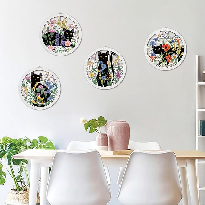 HPNIUB Funny Black Cat Wall Decor,Farmhouse Floral Wooden Signs,4 Pieces 10''x10'' Colorful Botanical Kitten Wall Art,Plant Cat Wood Plaque Home Decor for Pet Shop,Nursery,Lovely Cat Gifts