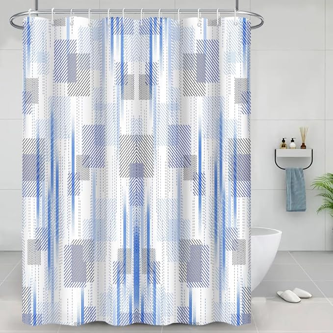 Abstract Style Shower Curtain Blue Grey Geometric Lines Pattern Shower Curtains for Art Aesthetic Bathroom Waterproof Fabric Decor Set with Hooks, 72W x 72H Inch