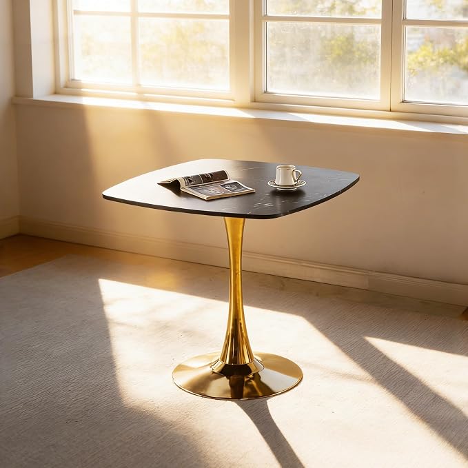31.5 Inch Black and Golden Square Dining Table for 2-4 Person,Mid-Century Black Tulip Table Kitchen Dining Table with MDF Tabletop and Pedestal Base for Home Kitchen
