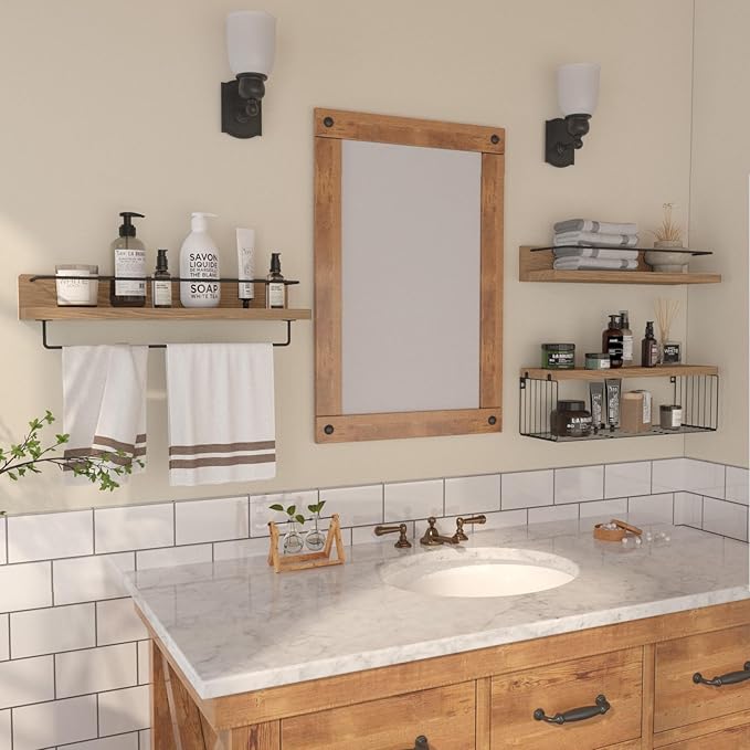 22.5 inches Bathroom Shelves Over Toilet for Wall, Floating Shelves with Storage Basket Paper Holer for Kitchen Living Room, Bedroom & Classroom, Set of 3 (Nature Wood)