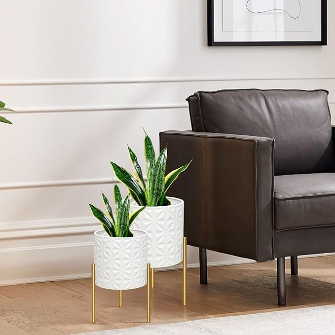 ARNIS Plant Pots with Stand, Set of 2 Indoor Planter Pots, Large Metal Planters with Stand, Mid Century Decorative Flower Pots with Drainage Hole and Gold Plant Stand, 8.25" & 10.5",Matte White