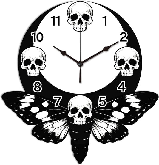Skull Wall Clock Irregular Shape Decorative Wall Clock Moth Moon Non-Ticking Clock for Home Office Decoration, 13.54×12.99 inch