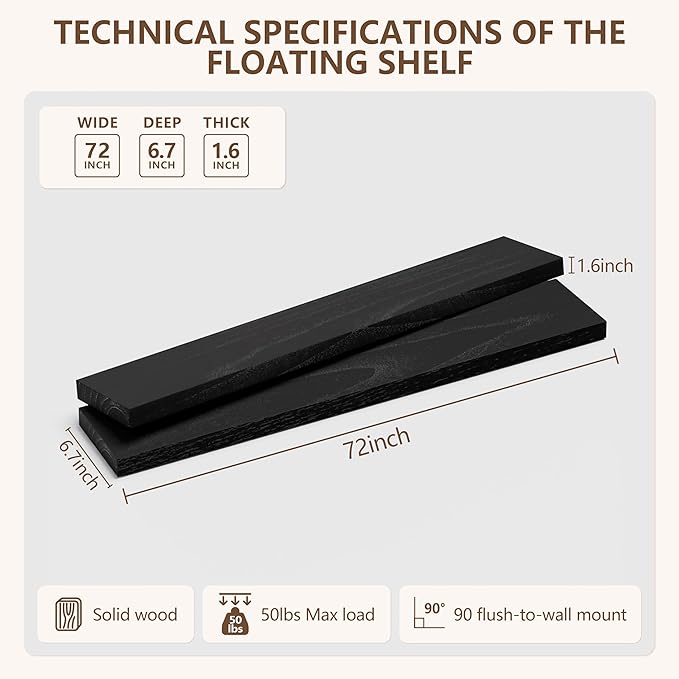 IEO Long Wooden Floating Shelves for Room Wall, Natural Wood Floating Shelves Wall Mounted Kitchen Shelf for Living Room, Bedroom, Kitchen,Bathroom, Storage (Black, 72in 1tier)