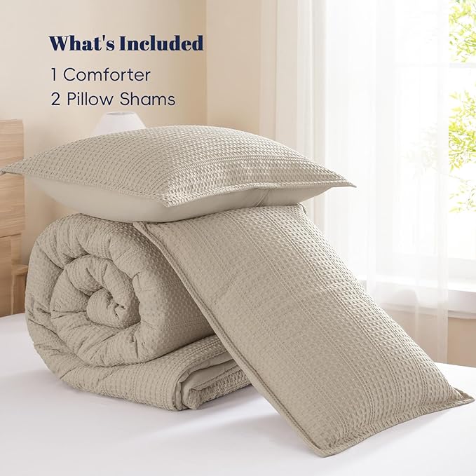 PHF Soft Waffle Comforter Set Queen Size- Comfy Breathable Waffle Weave Comforter with 2 Pillow Shams, 3 Pieces Less Snagging Lightweight Textured Bedding Set for All Season, Natural/Linen