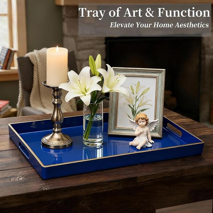 Decorative Tray, Rectangular Plastic Tray with Handles, Modern Vanity Tray and Serving Tray for Bathroom, Kitchen, Ottoman and Coffee Table, 15.6” x 10.2” (Drak Blue)