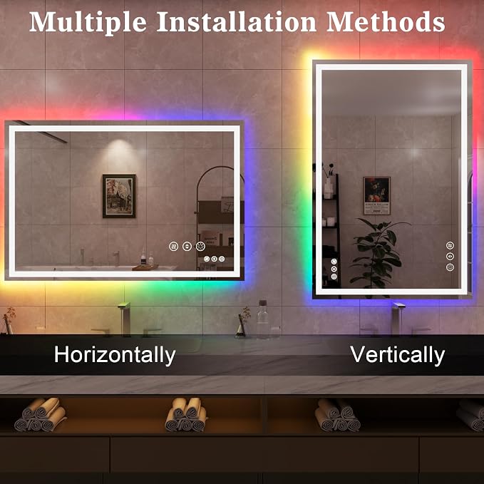 WTTY LED Bathroom Mirror 48"x36" with RGB Backlit and Front Light,Stepless Dimmable LED Mirror for Bathroom,Colored Lighted Bathroom Vanity Mirror,Anti-Fog,Memory Function,Shatter-Proof